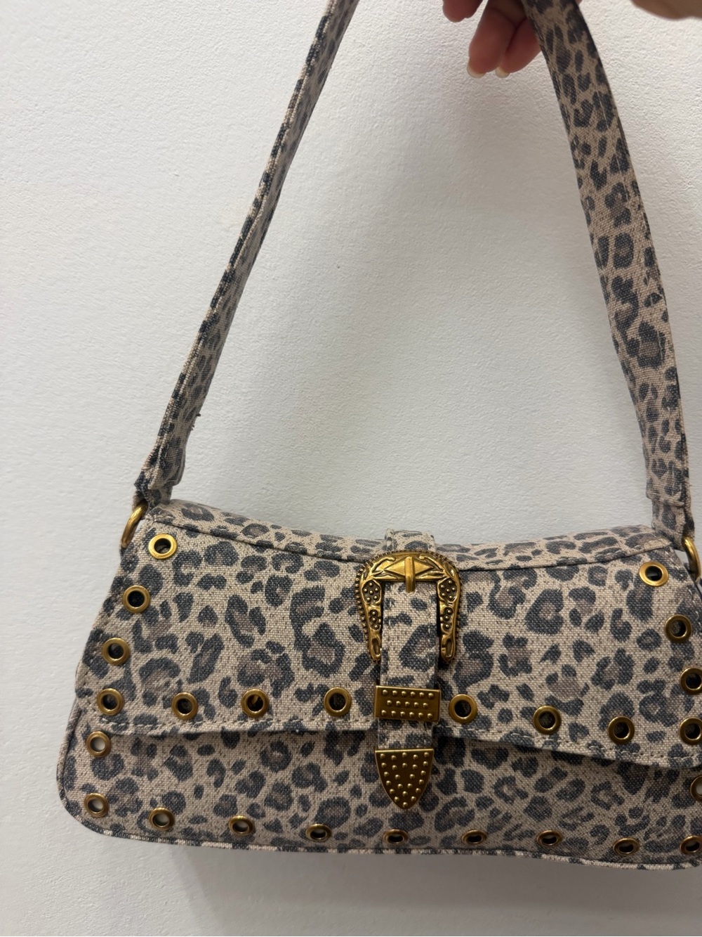 Leopard Print Shoulder Bag with Gold Stud Hardware